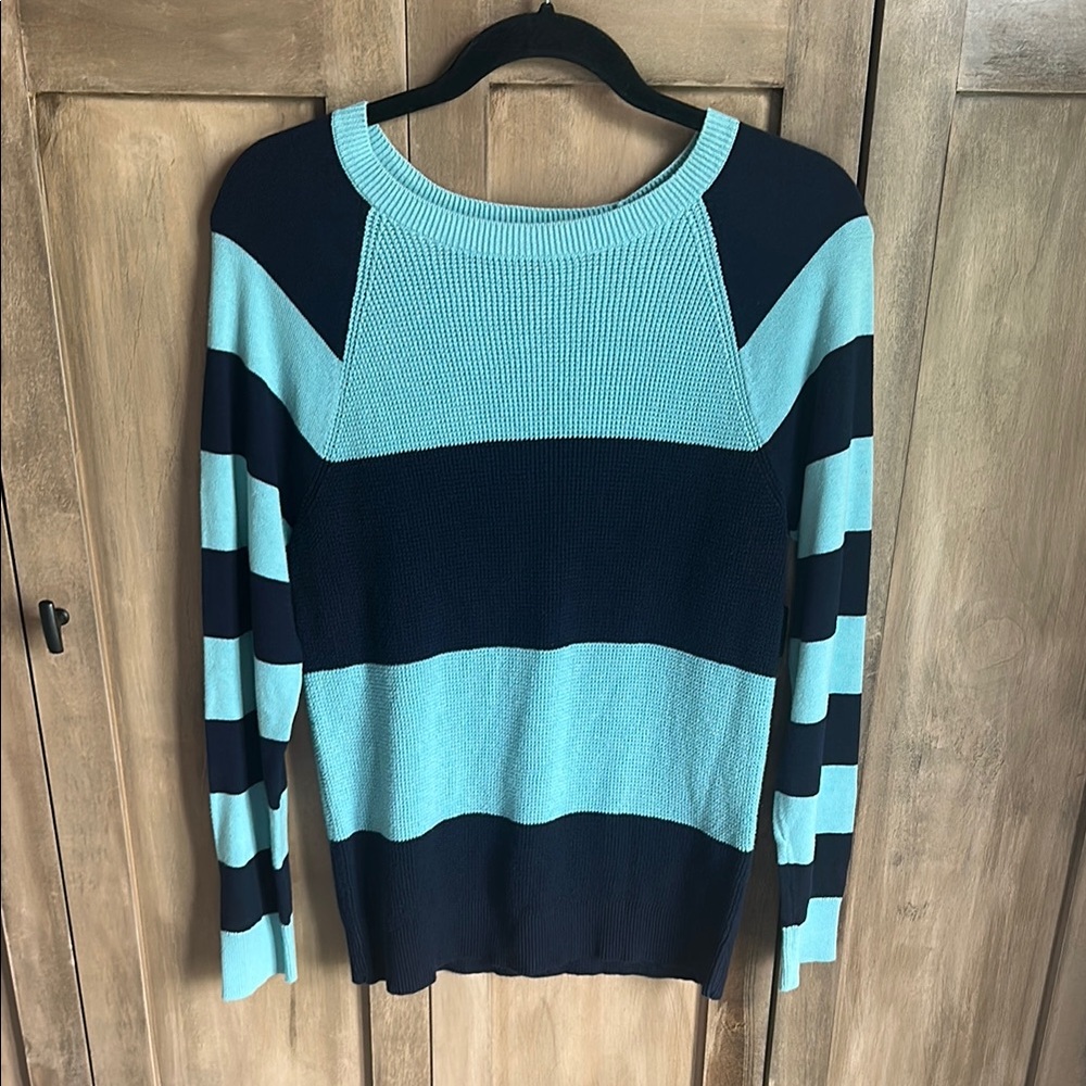 Chaps 💚 Striped aqua and navy Crew Neck Sweater